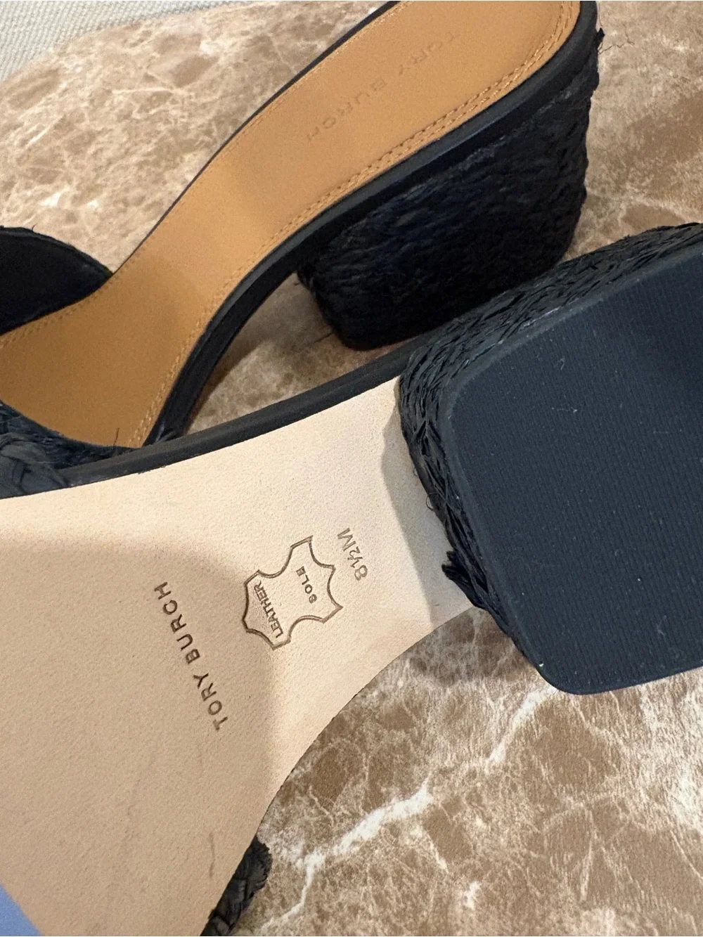 Tory Burch Black Raffia Slide Mules with Gold Logo